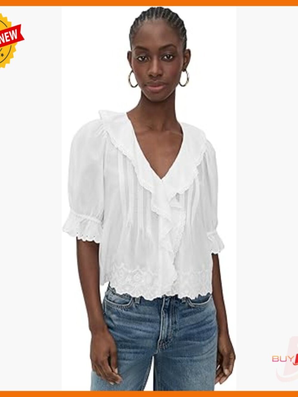 Puff Sleeve Top with Ruffles, V-Neck, Button Placket, Cotton Blend